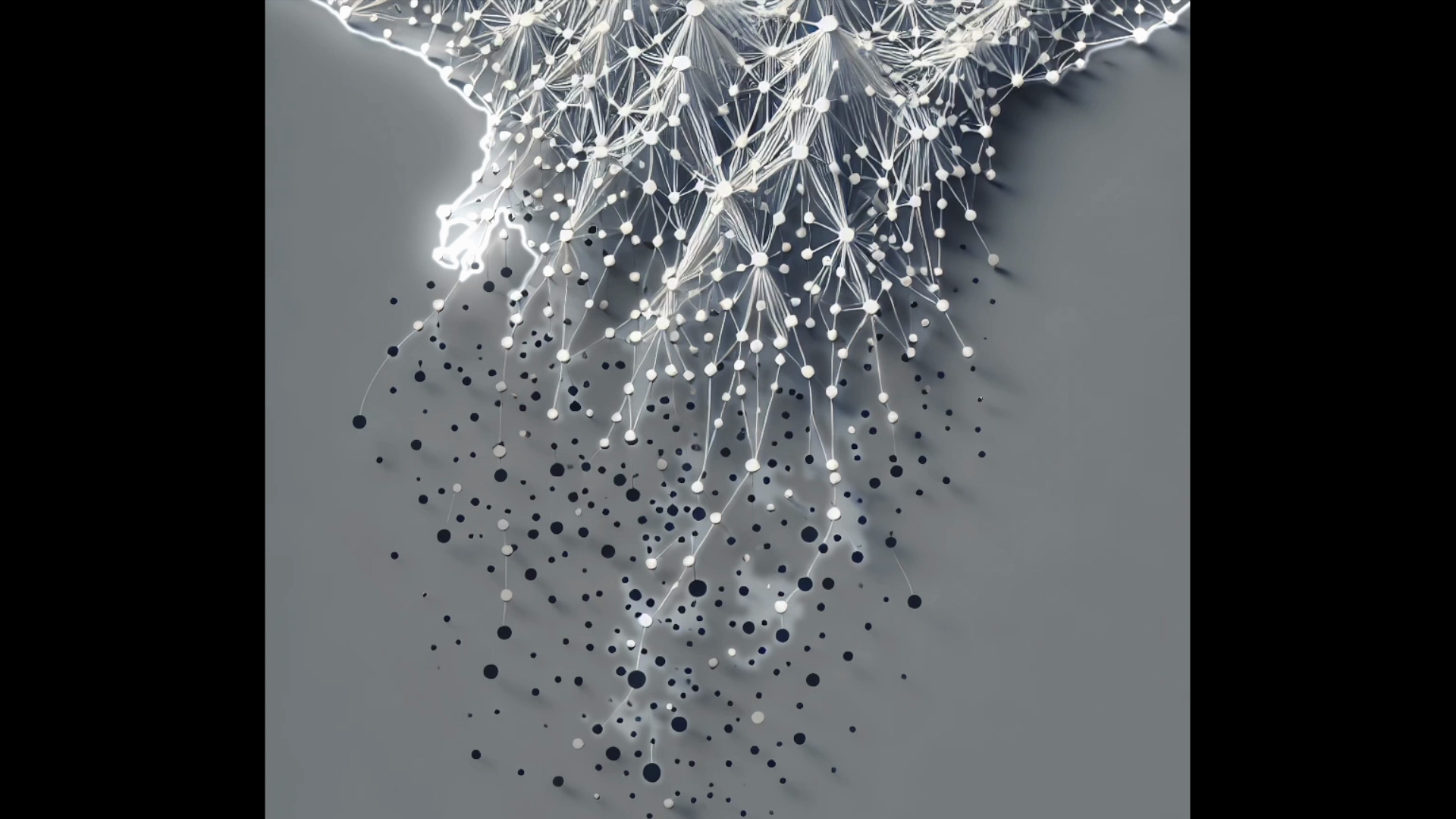 Abstract visualisation of interconnected neural network nodes dissolving from structured white connections into scattered dark particles, symbolising the ascent of AI from order to emergence
