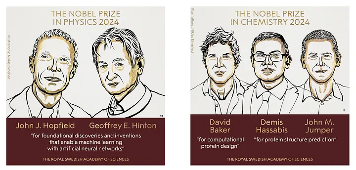 Official illustrations of the 2024 Nobel Prize laureates: Physics awarded to John J. Hopfield and Geoffrey E. Hinton for foundational discoveries enabling machine learning with artificial neural networks; Chemistry awarded to David Baker, Demis Hassabis, and John M. Jumper for computational protein design and protein structure prediction