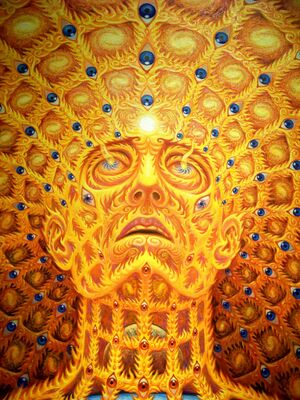 Oversoul by Alex Grey &mdash; a luminous painting depicting interconnected human figures radiating outward from a central point of light, symbolising shared consciousness
