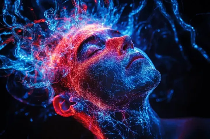 Digital artwork of a human face composed of blue and red neural network energy patterns against a dark background, symbolising the convergence of consciousness and reality